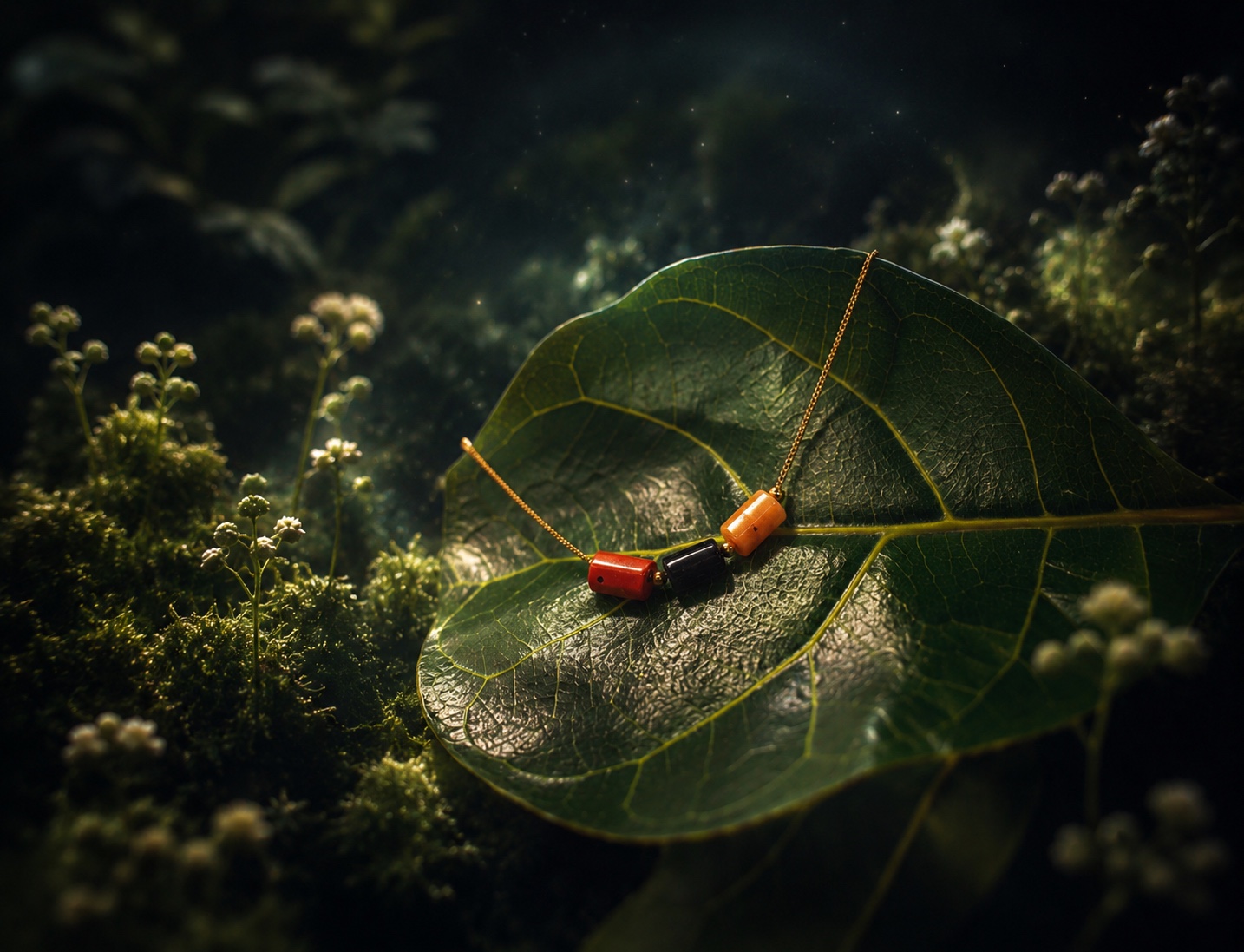 Collana Etheria con pietre naturali su foglia in un giardino notturno